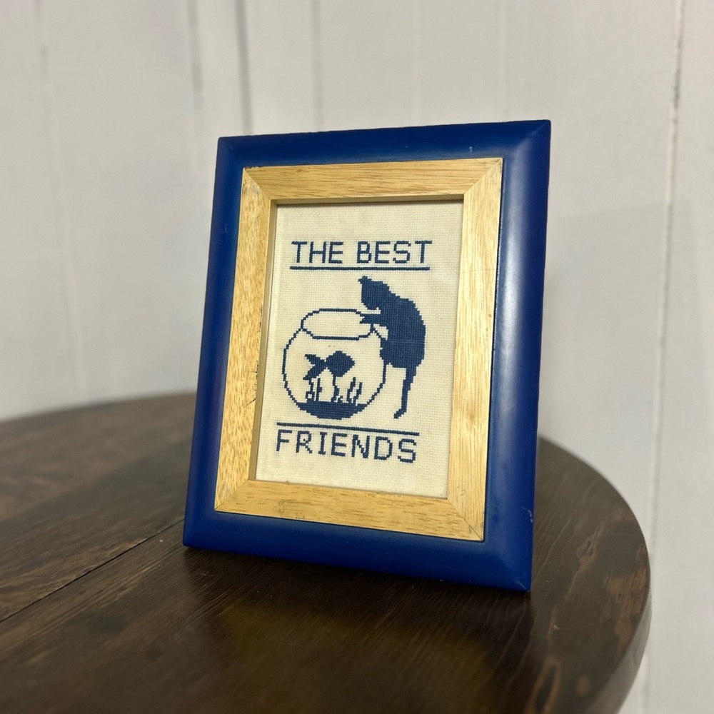 Vintage Cross Stitch Embroidery Cat and Fish “Best Friends” in Blue Wood Frame